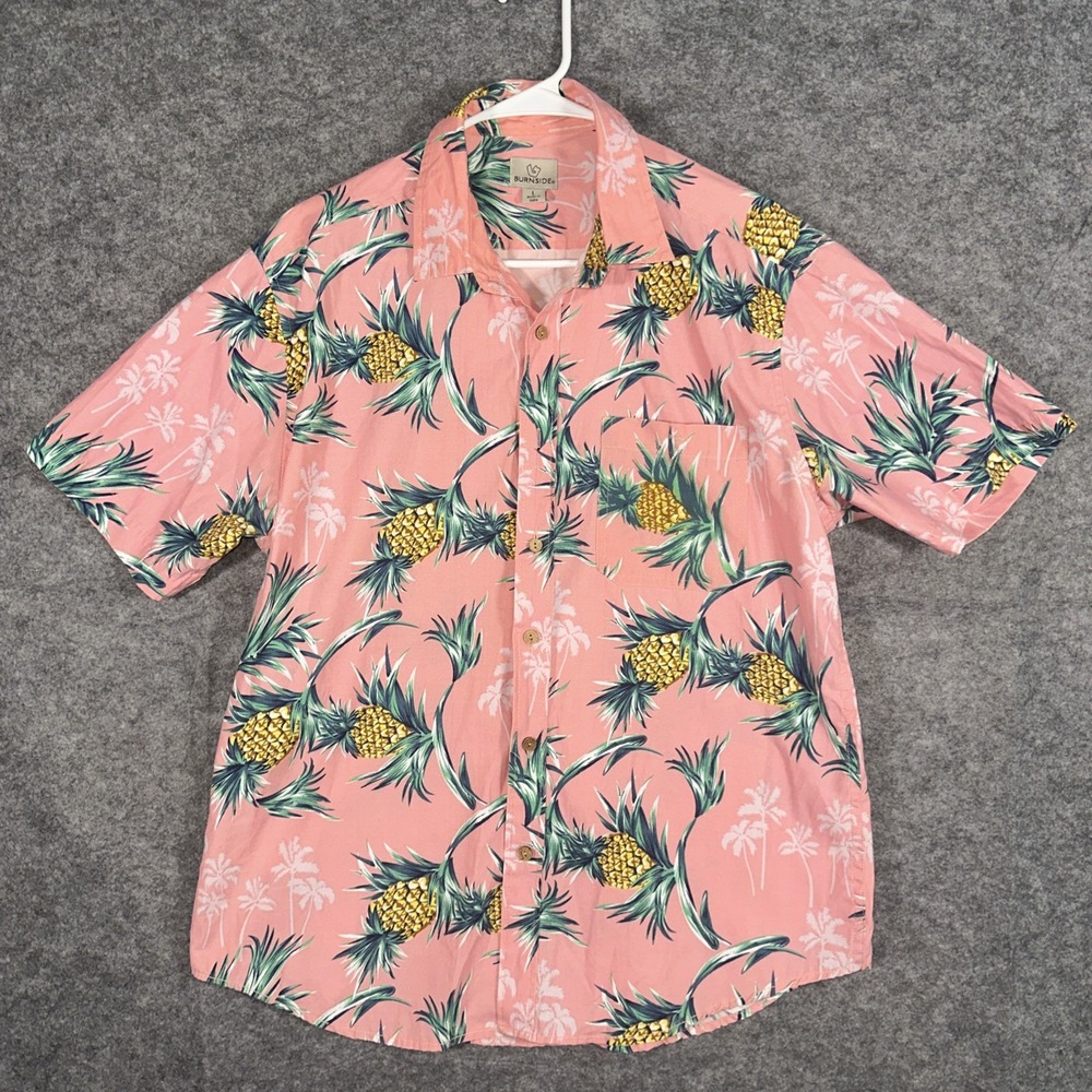 Burnside Large Pink Hawaiian pineapple print short sleeved button down shirt.